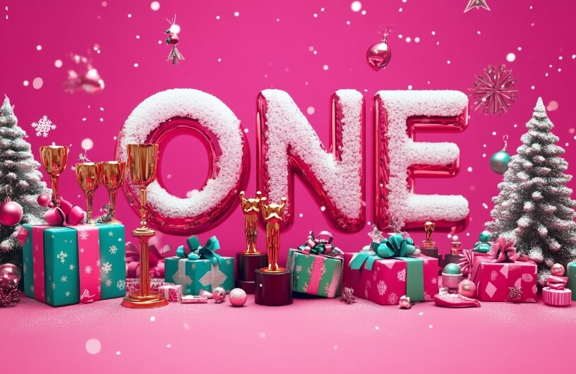 Two small Christmas trees at the corners, surrounded by wrapped gifts, awards, and the word ‘ONE’ covered in snow