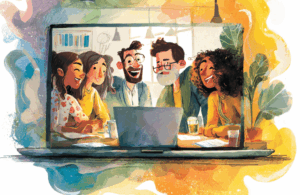 A brightly colored, watercolor-style illustration shows five diverse people smiling and leaning in toward a laptop screen, as if on a video call or viewing something together. The scene is framed by the laptop display, with vibrant yellow and orange abstract paint strokes around the edges.