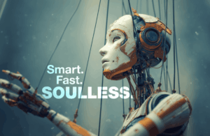 Marionette-style humanoid robot with exposed wiring and metallic face, suspended by strings, reaching forward. Bold white text overlay: "Smart. Fast. SOULLESS."