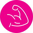 White flexed bicep icon on pink circle.