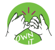 Two hands doing pinky promise with pink spark above, white text "OWN IT" below, on green circle.