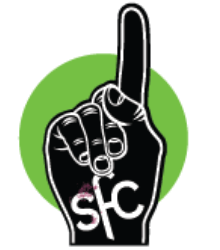 White hand with index finger raised, text "SFC" on palm, on green circle.