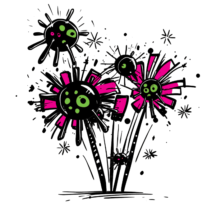 Illustration of black spike-covered spheres with green and pink accents exploding outward with motion lines and energy bursts.