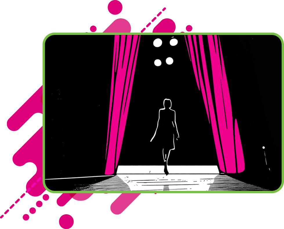 Silhouette of a woman walking through open pink stage curtains under spotlights, on a dark background.