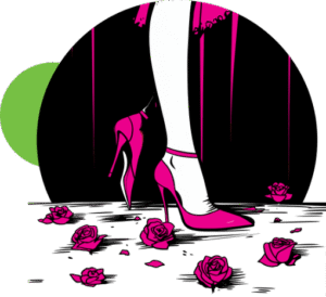 Illustration of a woman's leg in a pink high-heeled shoe surrounded by scattered pink roses, with a black circular background and drips of paint.