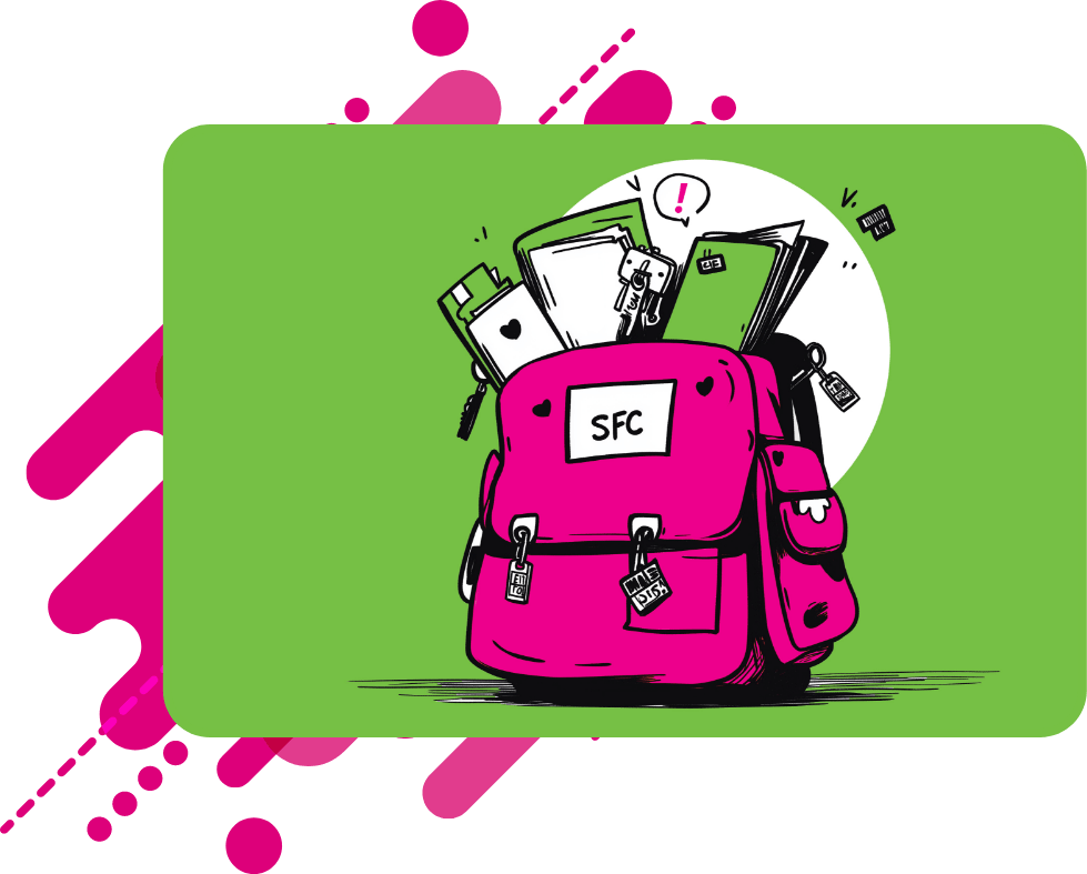 Illustration of a pink backpack labeled "SFC" overflowing with books, folders, and papers on a green rectangle background, with pink geometric shapes and dots decorating the edges