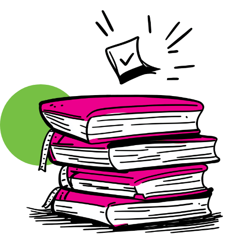 Black and white pen-and-ink illustration of a spiral notebook with lined pages and a pencil with a pink eraser resting on top, set against a green circle background