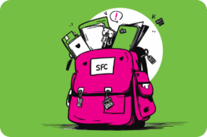 Illustration of a pink backpack labeled "SFC" overflowing with books, folders, and papers on a green rectangle background.