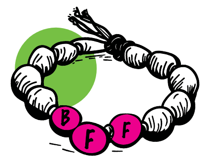 Black and white pen-and-ink illustration of a beaded bracelet spelling "BFF" on pink beads among white beads, set against a green circle background
