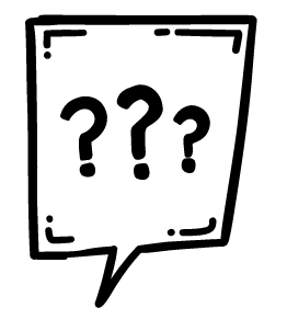 Black hand-drawn icon of a speech bubble containing three question marks